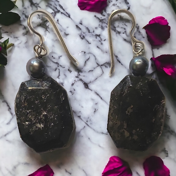 Artistic Obsidian Hematite Black Gemstone Sterling Silver Wire Pierced Earrings - Picture 2 of 2